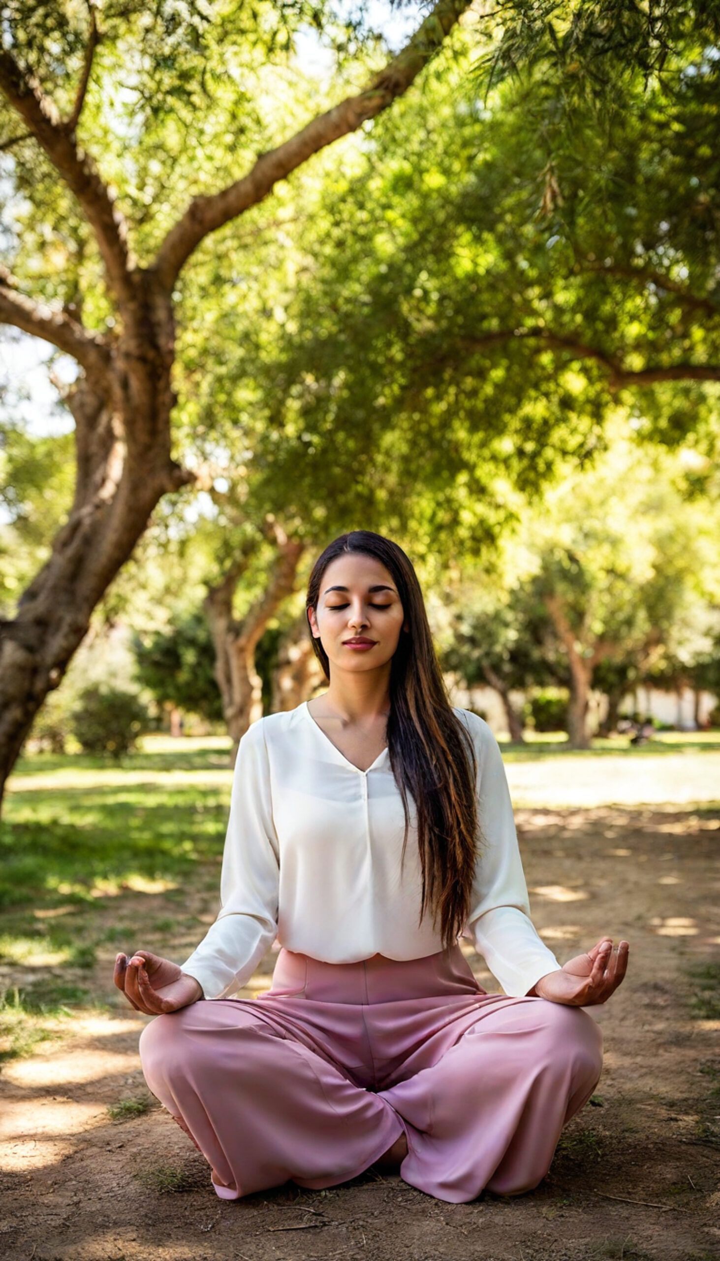 A woman meditating outdoors near trees, sitting cross-legged with her eyes closed, practicing mindfulness and connecting with nature.