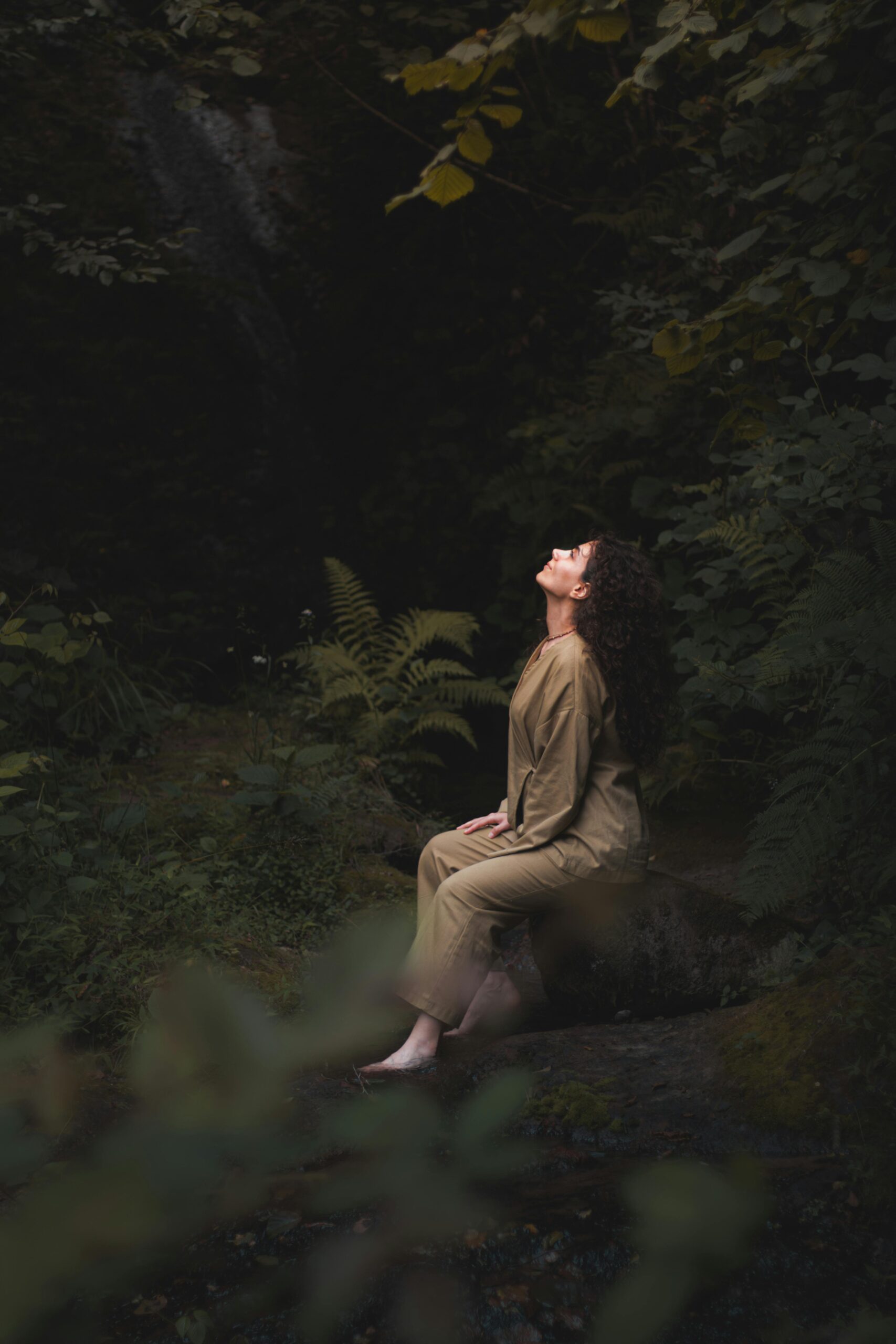 A woman sitting on a tree stump in a lush green forest, looking up to the universe, symbolizing syncing with the universe and divine alignment.