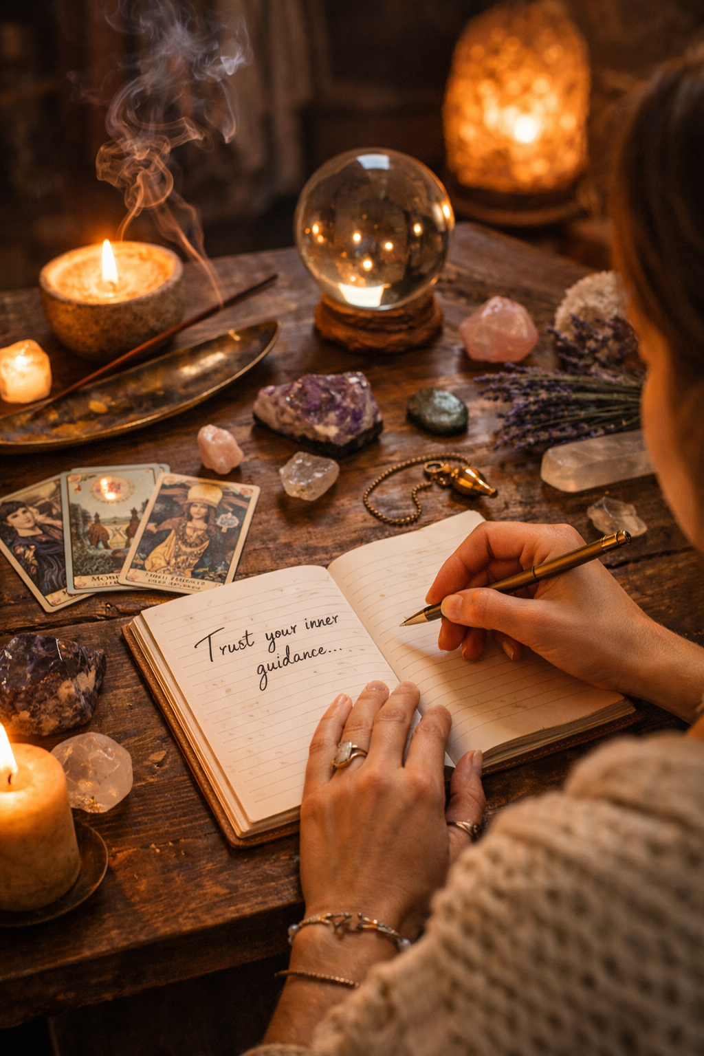 Mystical journaling scene with tarot cards, crystals, and candlelight representing inner guidance and Human Design authority